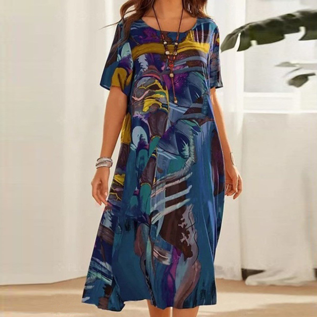 Lightweight Midi Dress – Casual Flowing Summer Dress with Artistic Print
