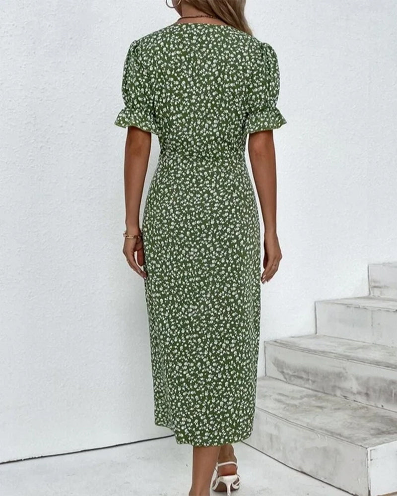 Floral V-Neck Dress – Lightweight Polyester Summer Floral Pattern Dress