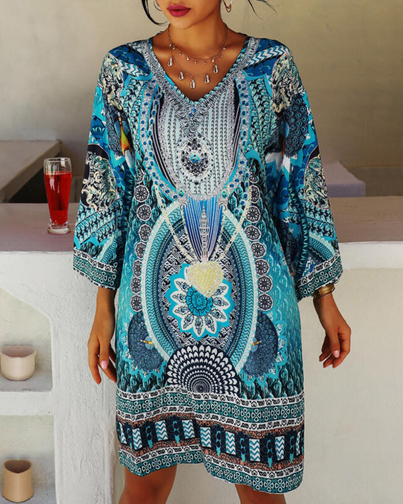Bohemian Print Dress - Emelia™ Vibrant Boho Chic Above Knee Bell Sleeve Dress