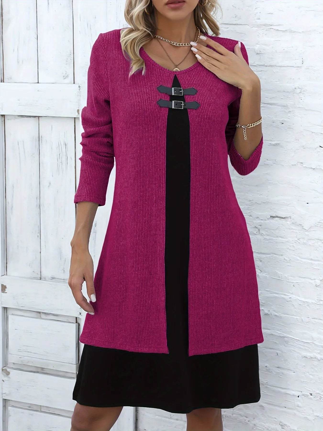 Stylish Casual Dress - Two-Tone Long Sleeve Office Wear With Buckle Detail