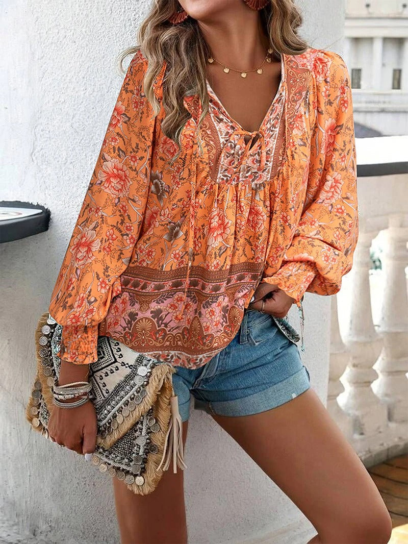 Summer Floral Top - Women's Lightweight Cotton Blouse With Adjustable Drawstring Fit