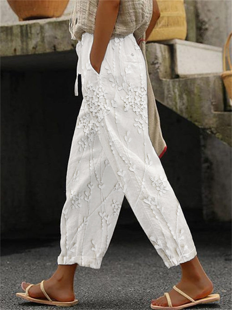 Printed Cotton Linen Pants - Loose Fit Botanical Print Tapered Trousers