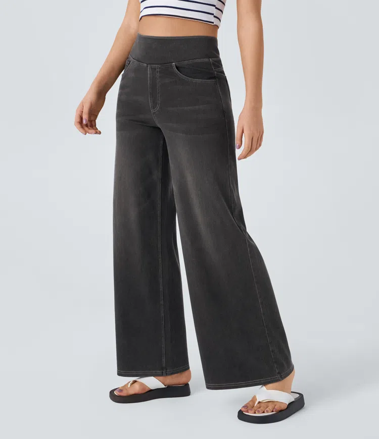 Relaxed Fit Jeans - High Waist Wide-Leg Pull On Comfortable Stretch Denim Pants