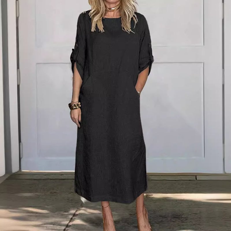 Cotton Linen Dress - Relaxed Fit Summer Casual Dress With Side Pockets
