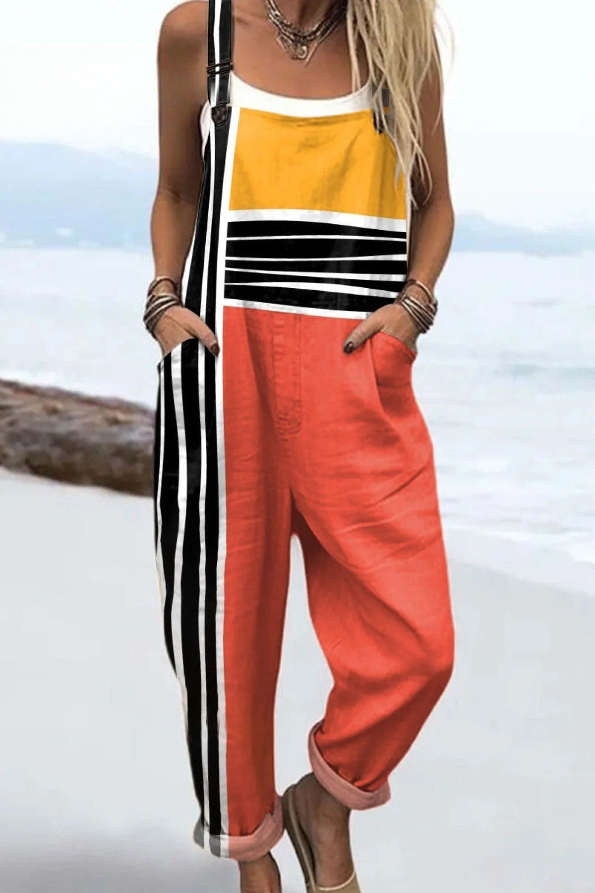 Urban Sun Jumpsuit – Relaxed Fit Wide Leg Color Block Outfit with Pockets