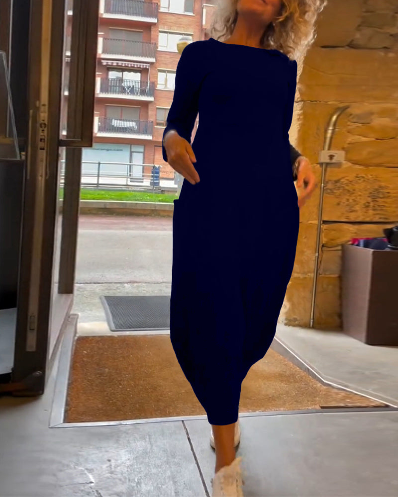 Round Neck Pocket Dress – Elegant Midi Dress With Functional Pockets For Women