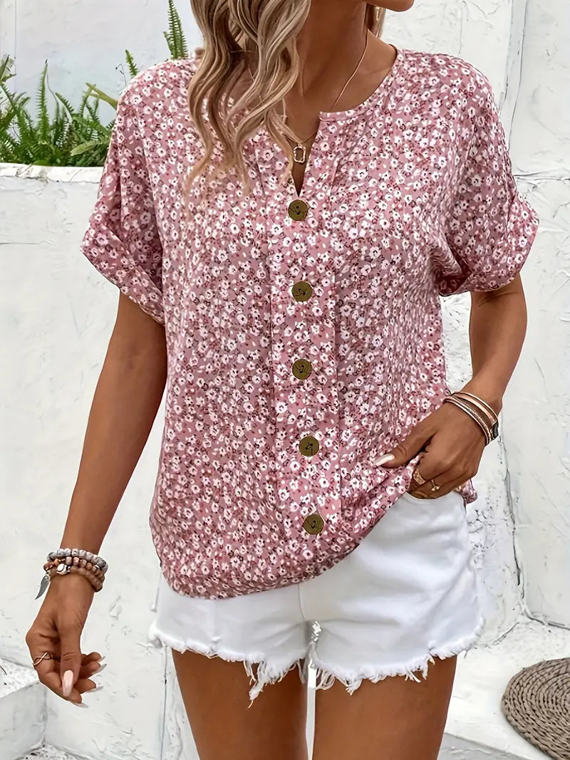 Floral Print Blouse - Notched Collar Top With Comfortable Flexible Fit