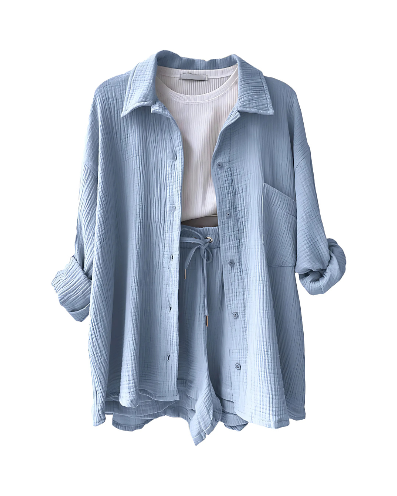 Button-Up Shorts Set – Modern Co-Ord With Lightweight Breathable Fabric & Elastic Waist