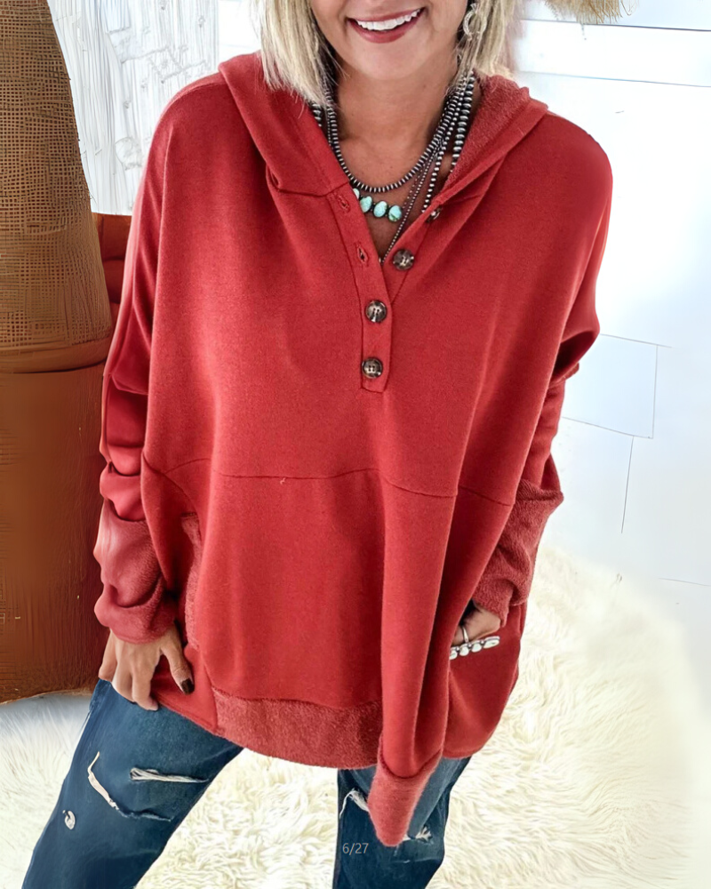 Stylish Sweater - Oversized Hoodie With Buttoned V-Neck & Fuzzy Cuff Trim