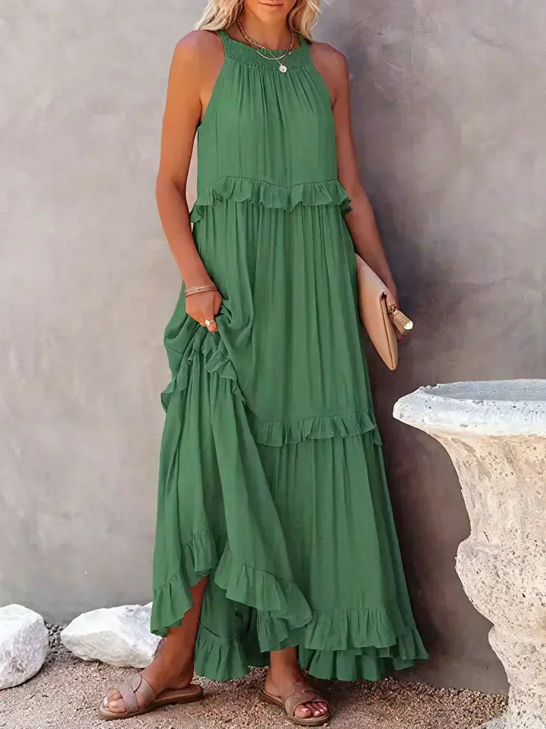 Halter Ruffle Maxi Dress – Elegant Bohemian Flowy Summer Dress With Ruffle Hem