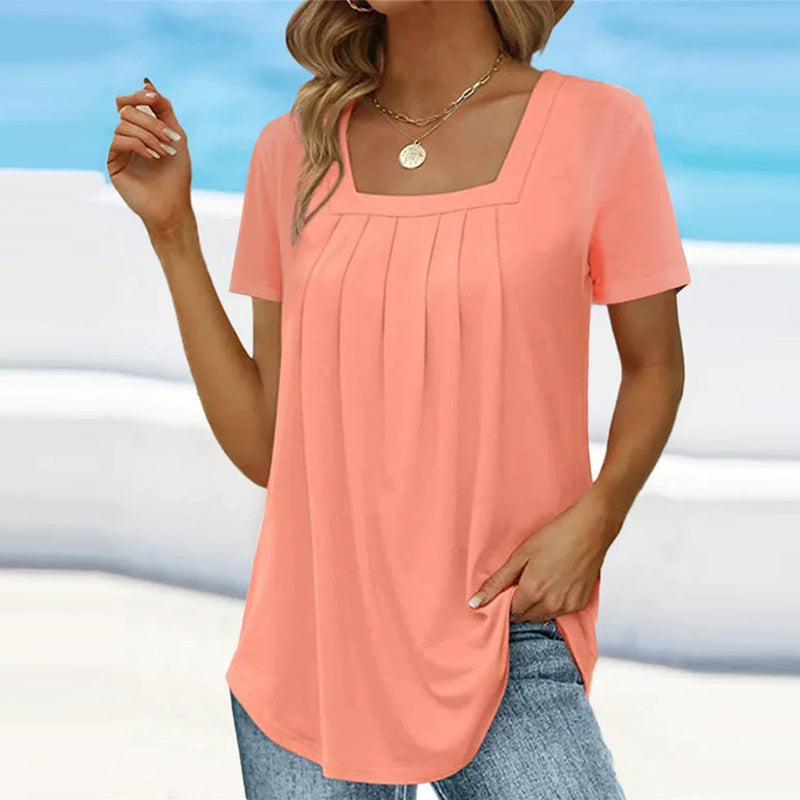 Pleated Blouse – Elegant Square Neckline Lightweight Summer Top For Women