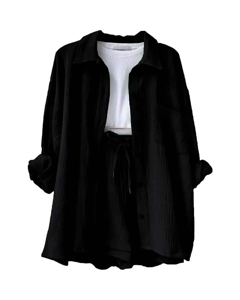Button-Up Shorts Set – Modern Co-Ord With Lightweight Breathable Fabric & Elastic Waist
