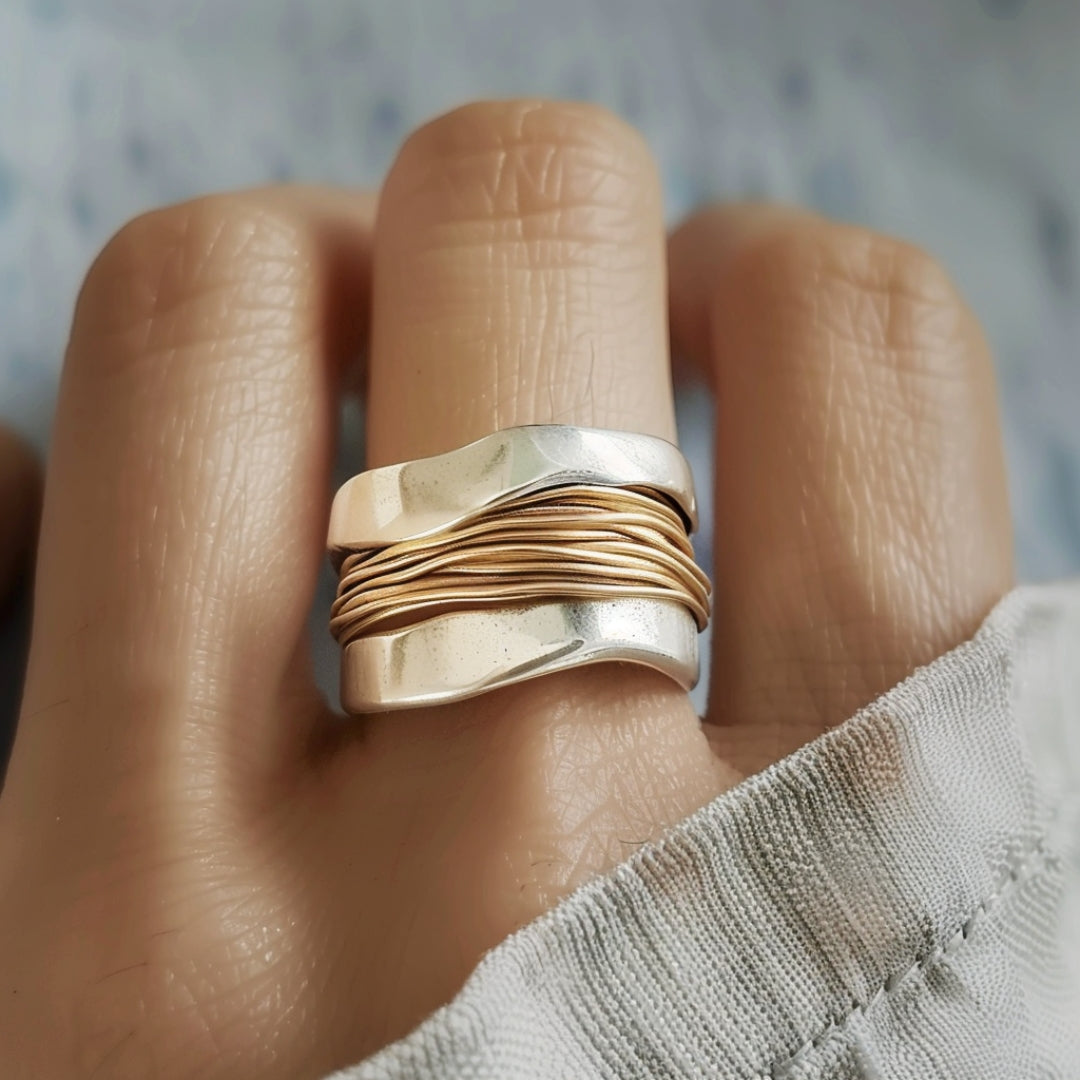 Silver Golden Threads Ring – Handcrafted Fine Silver Jewelry, Elegant Everyday Wear