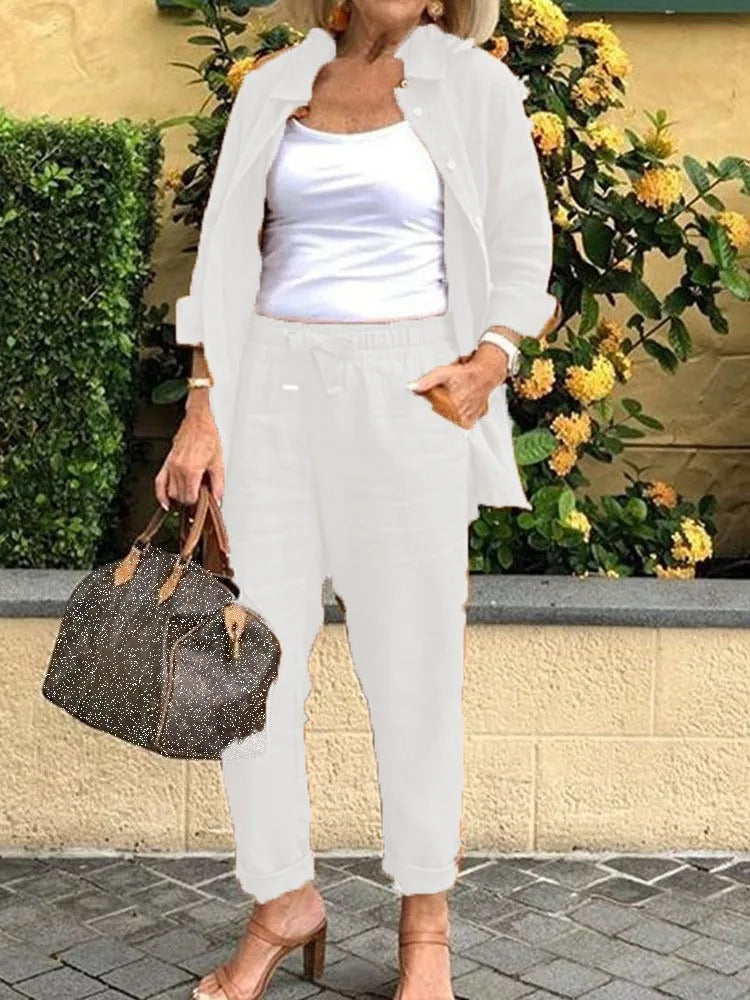 Long Sleeved Shirt Set – Comfortable Lounge Wear With Adjustable Waistband Pants