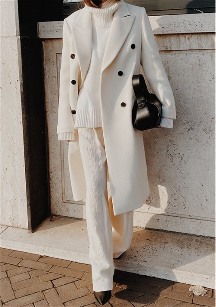 Women's Trench Coat - Double-Breasted Long Winter Coat With High Collar