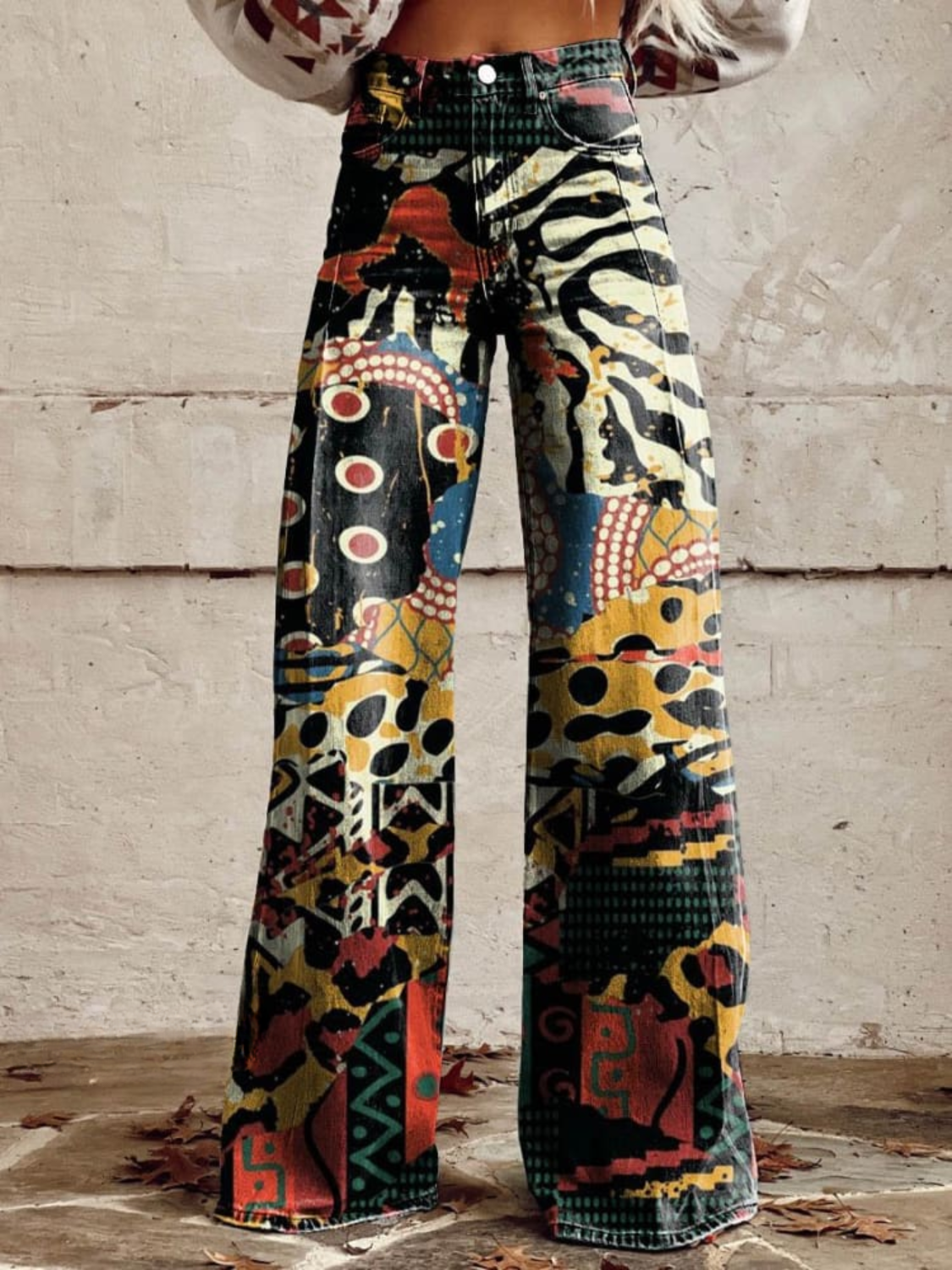 Artistic Print Pants - Wide-Leg Comfortable Trousers With Bold Creative Design