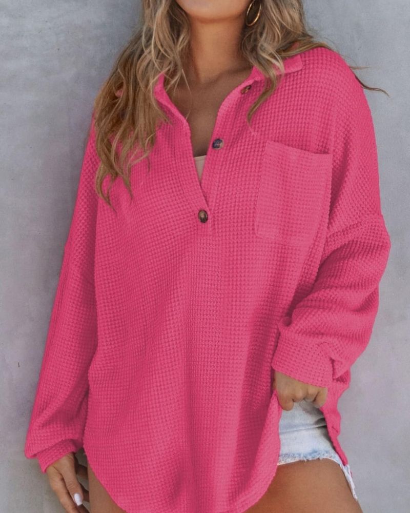Waffle Knit Shirt - Relaxed Fit V Neck Sweater With Button Up Tunic Style