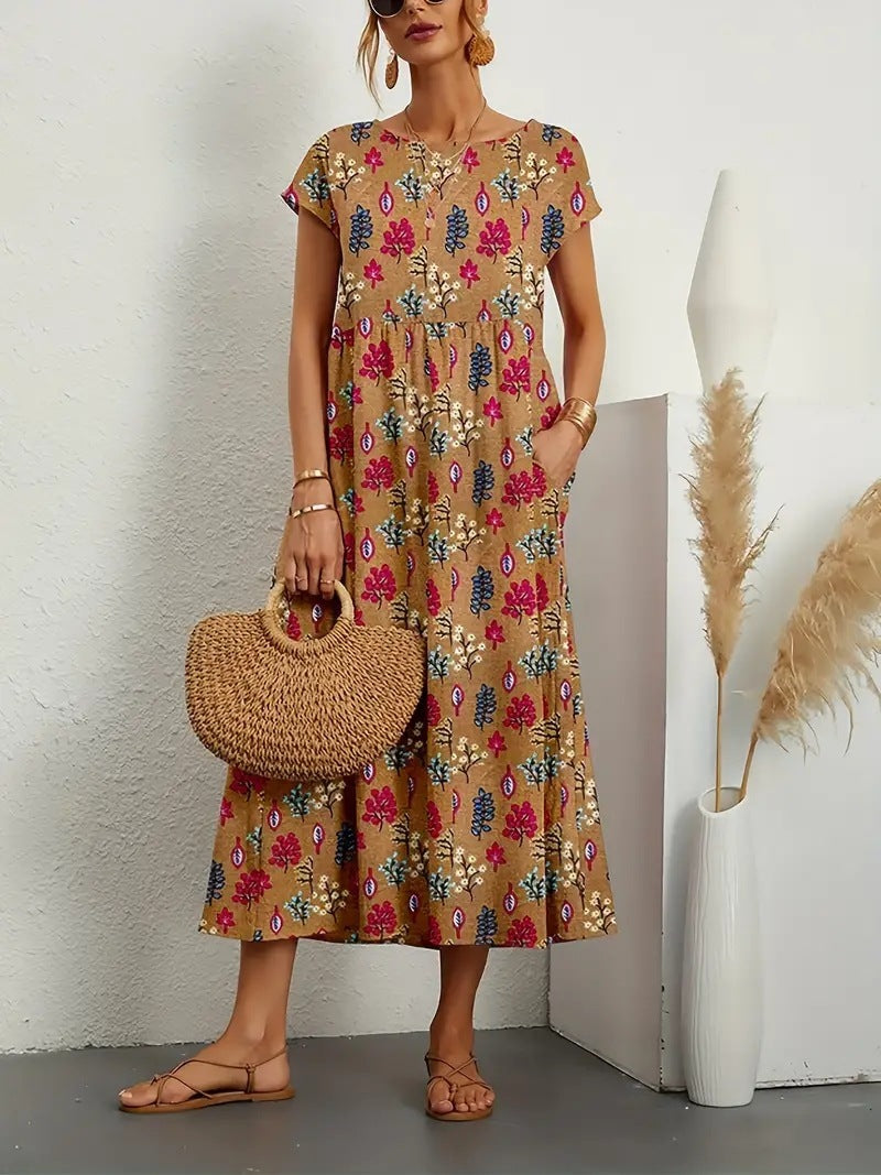 Elegant Floral Dress - Boho Summer Dress With Side Pockets & Breathable Fabric