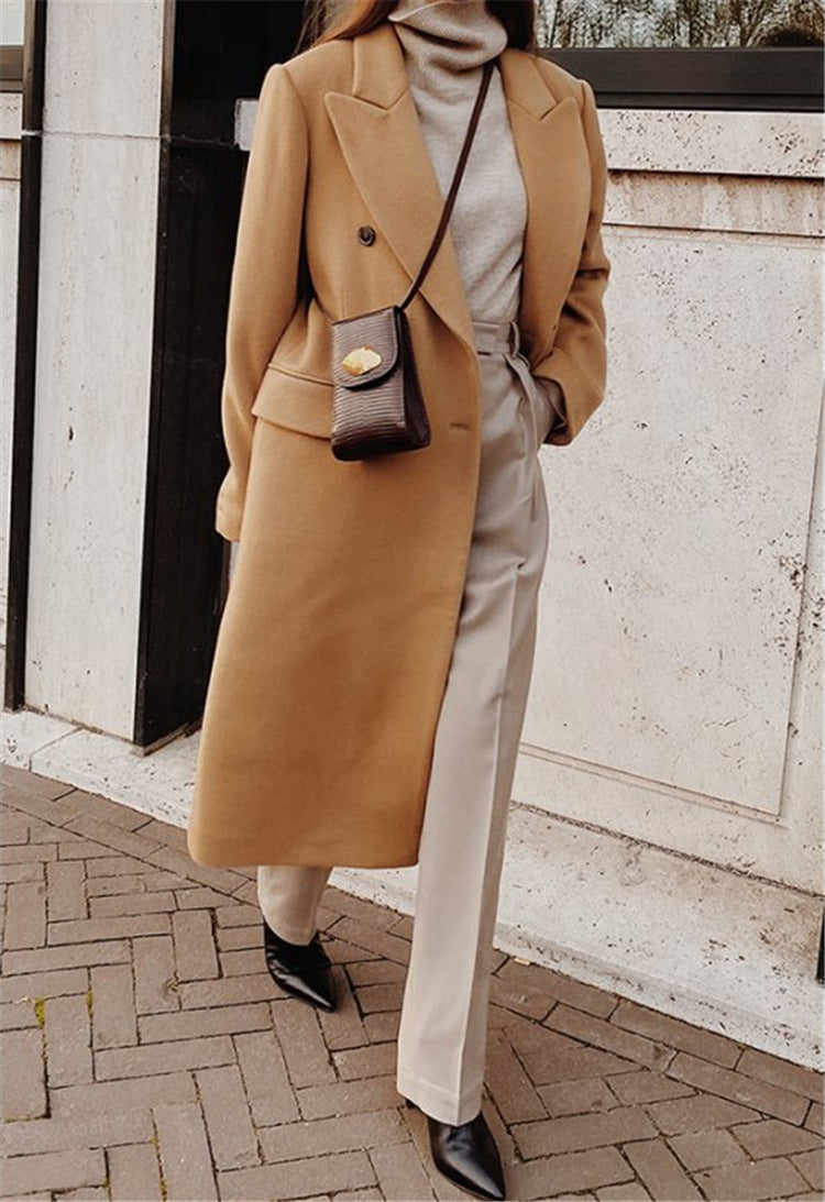 Women's Trench Coat - Double-Breasted Long Winter Coat With High Collar