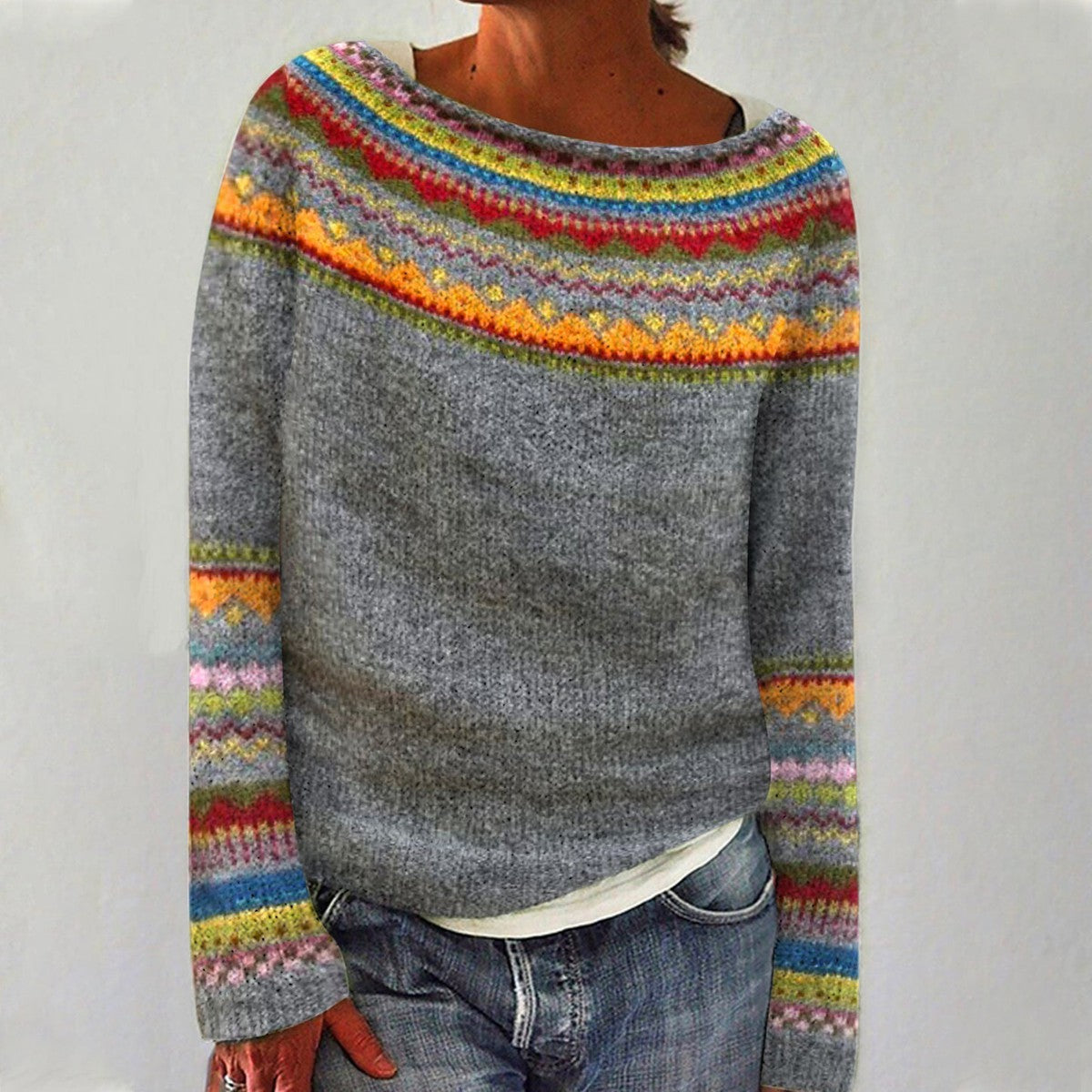 Cozy Yoke Knit Sweater – Nordic Pattern Jumper With Soft Wool Blend