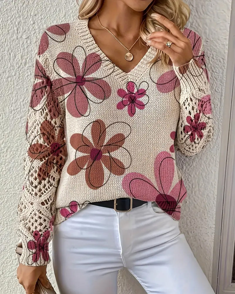 V-Neck Open Knit Sweater - Lightweight Cotton Blend Pullover For Spring