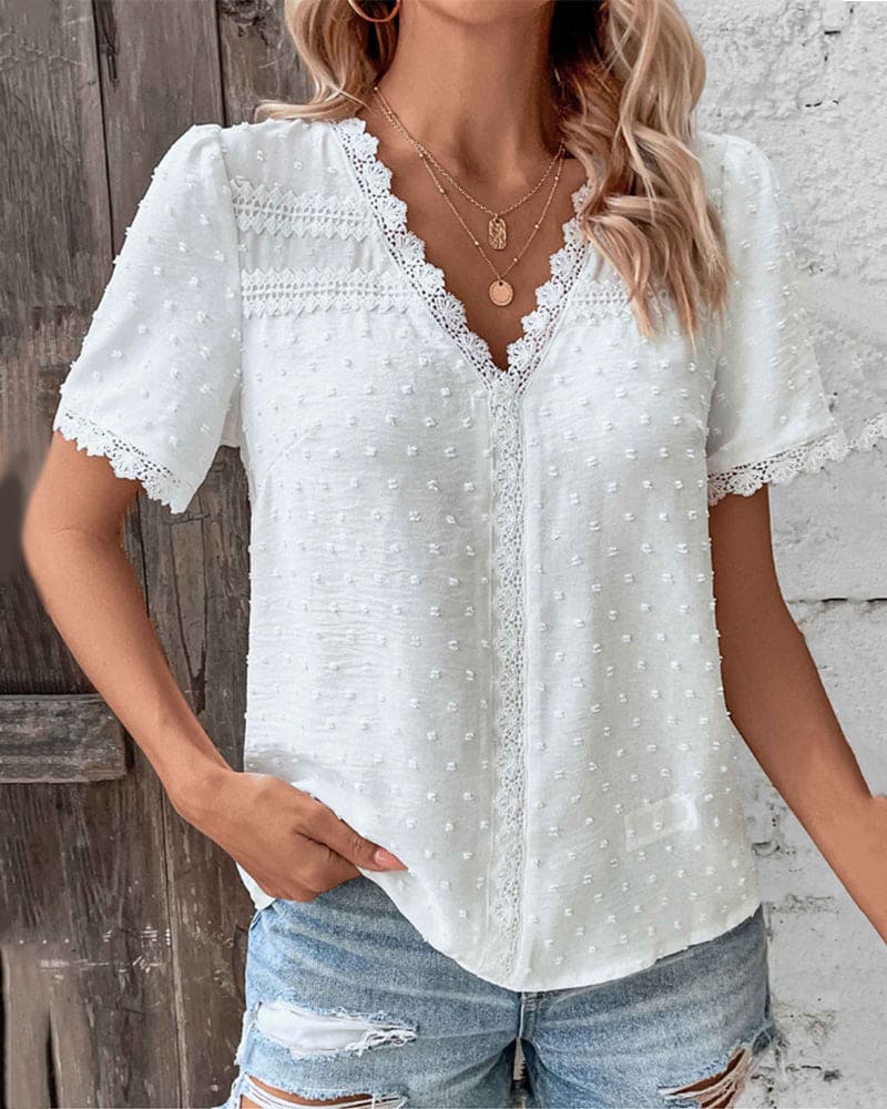 Lace Blouse - Women's V-Neck Short Sleeve Blouse with Elegant Lace Detail