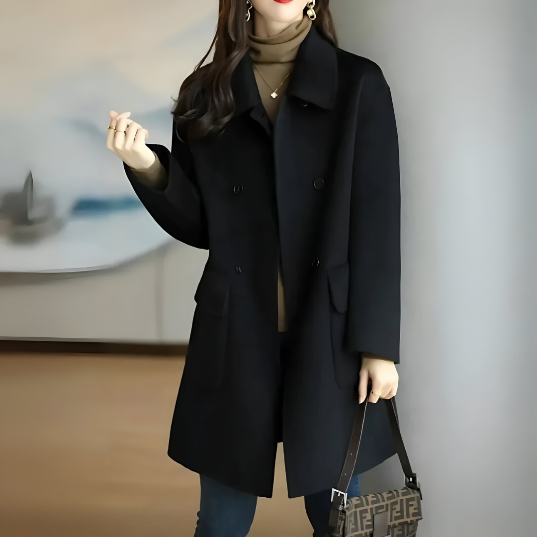 Refined Winter Coat – Double-Breasted Wool Blend Mid-Thigh Coat for Layering