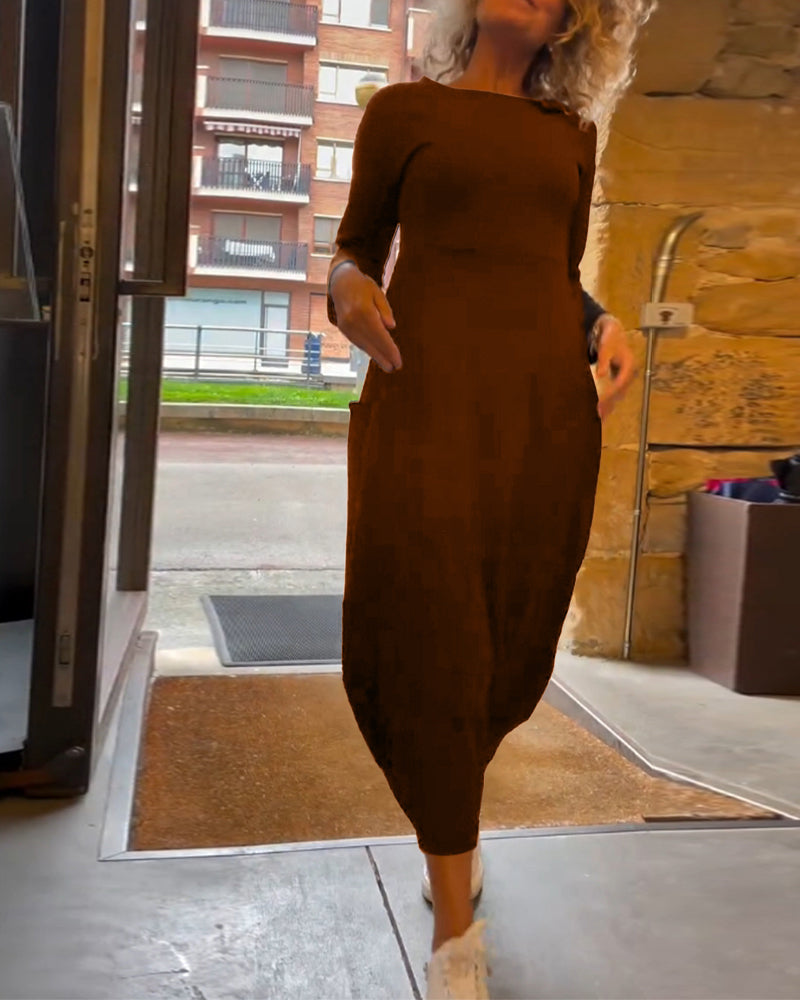 Round Neck Pocket Dress – Elegant Midi Dress With Functional Pockets For Women