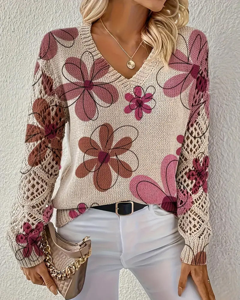 V-Neck Open Knit Sweater - Lightweight Cotton Blend Pullover For Spring