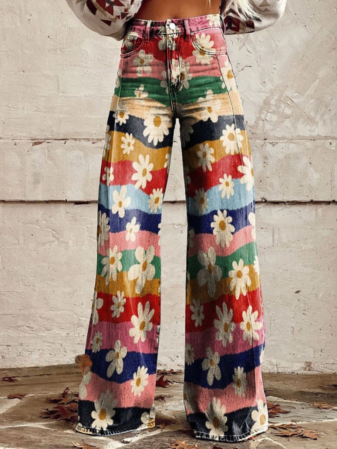 Retro Floral Pants - Vintage Print Wide Leg Trousers With Classic Floral Design