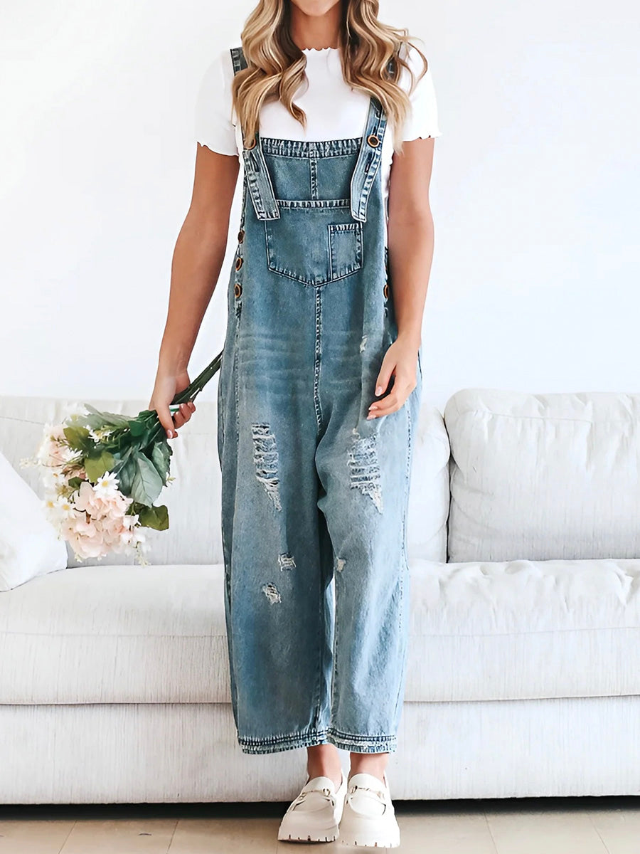 Distressed Denim Overalls – Women’s Vintage Adjustable Strap Casual Jumpsuit