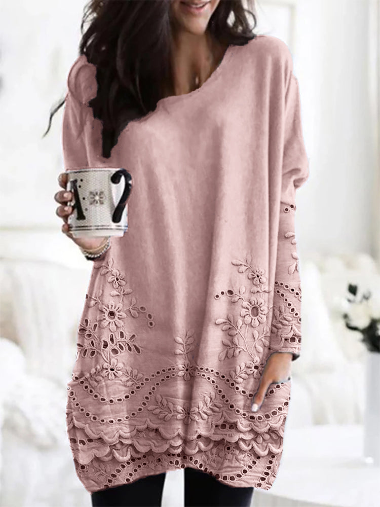 Cozy Printed Sweater - Floral Embroidered Tunic With Scalloped Hem & Relaxed Fit