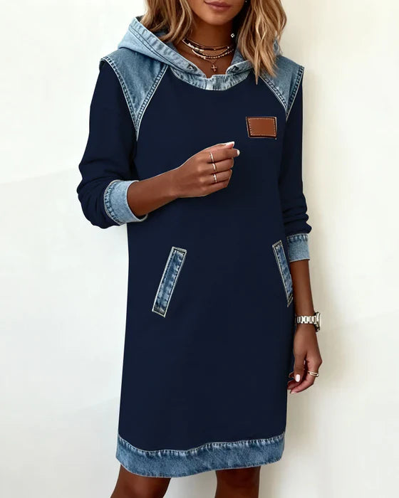 Casual Hooded Dress – Two Tone Cotton Blend, Straight Fit Pocketed Style