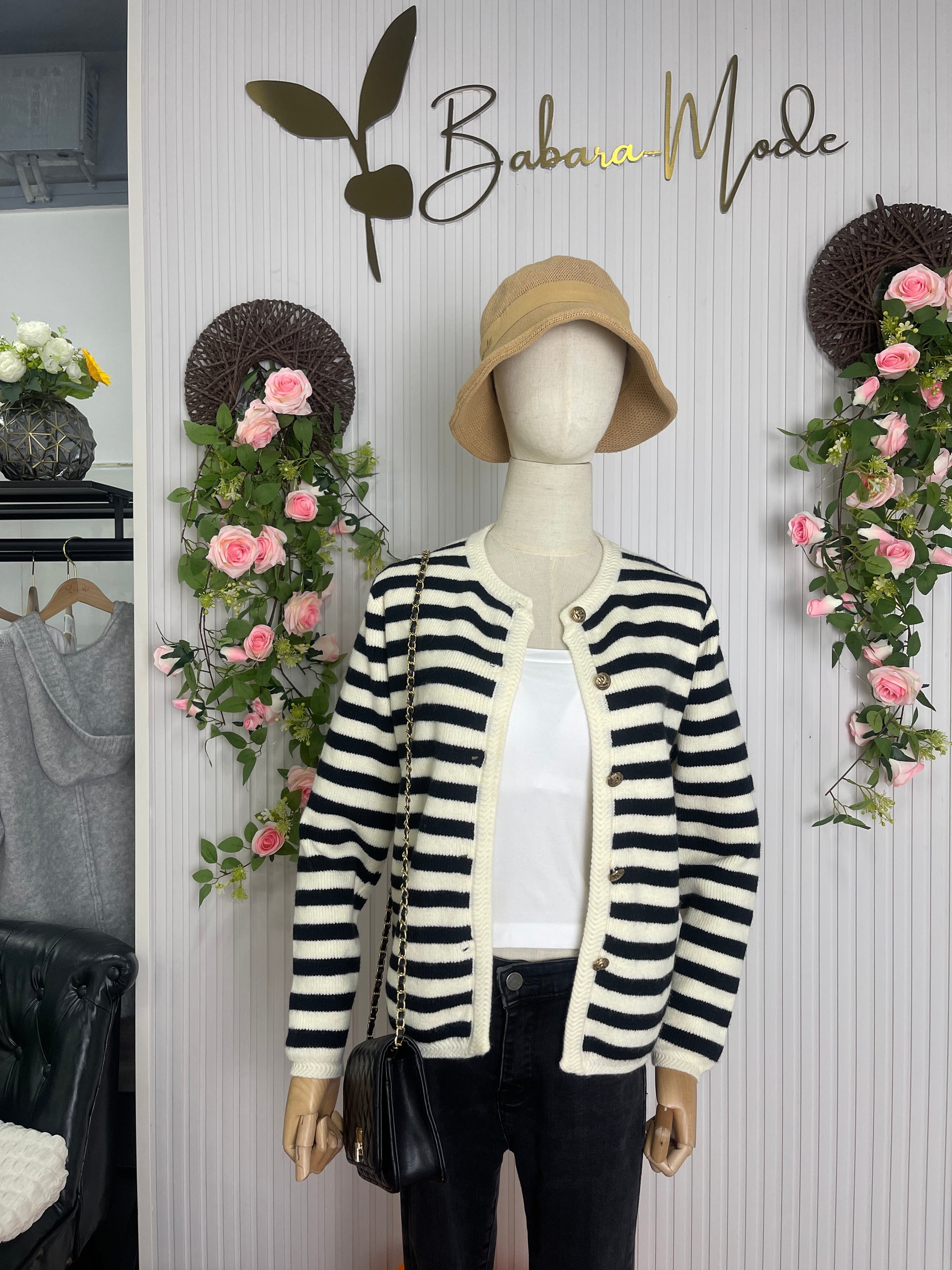 Elegant Striped Cardigan – Women's Cozy Button Closure Knitwear Sweater