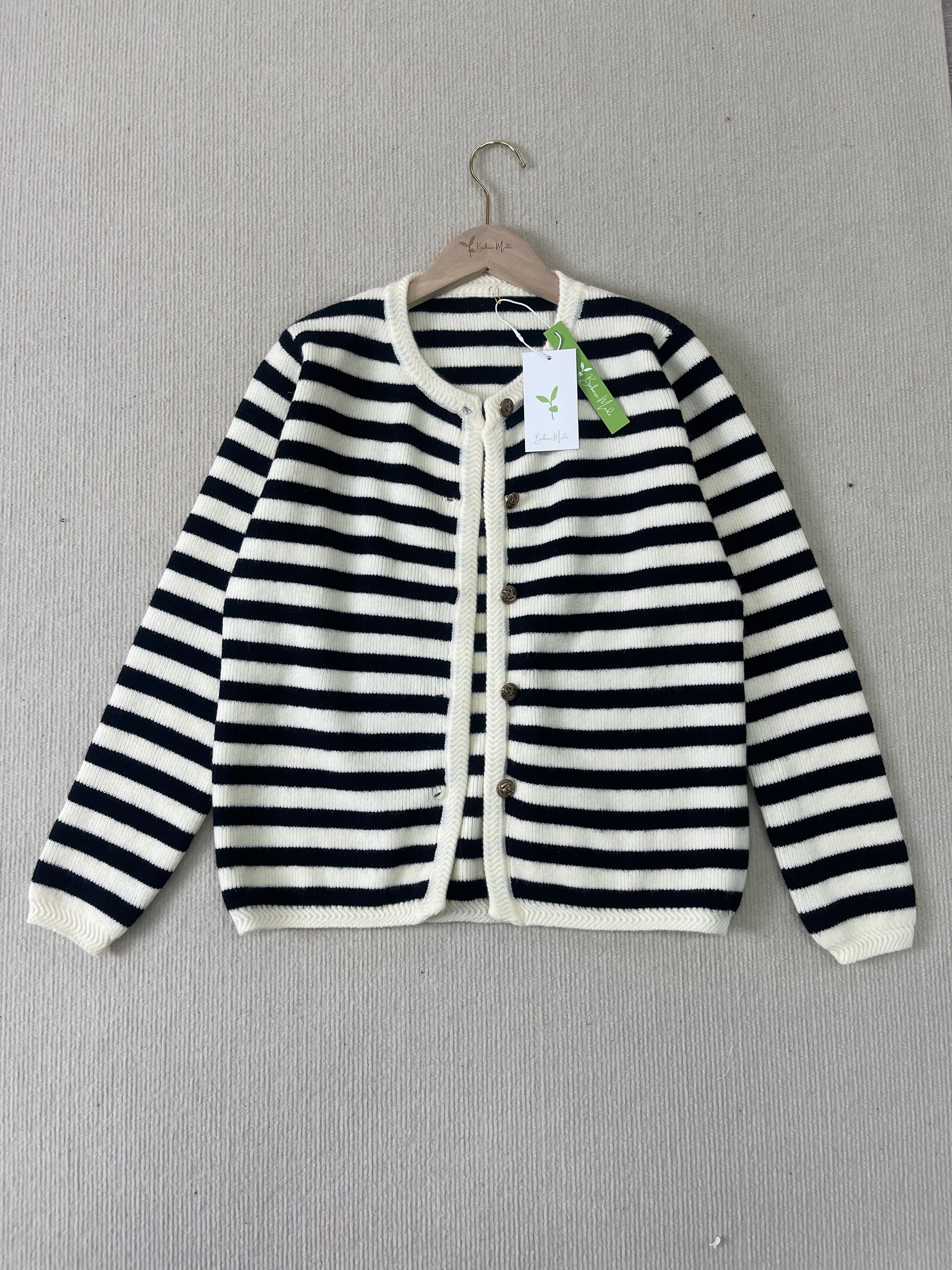 Elegant Striped Cardigan – Women's Cozy Button Closure Knitwear Sweater