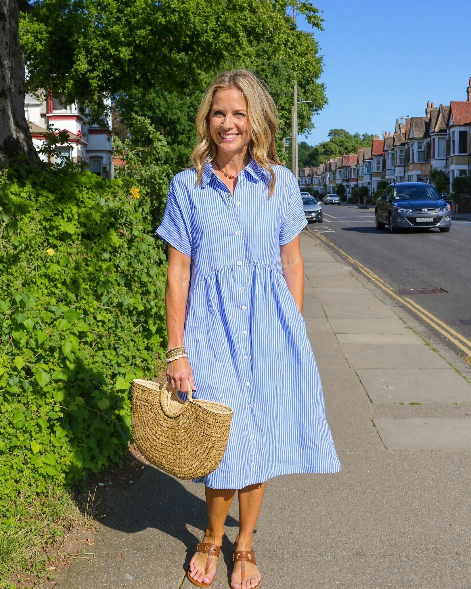 Midi Dress - Lightweight Blue Striped Casual Dress With Relaxed Fit
