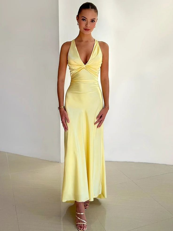 Satin Bow Maxi Dress - Rosalyn V-Neck Backless Evening Gown | Elegant Party Wear