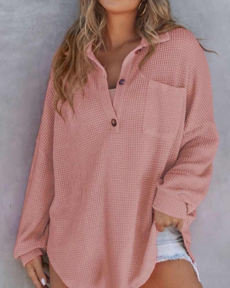 Waffle Knit Shirt - Relaxed Fit V Neck Sweater With Button Up Tunic Style