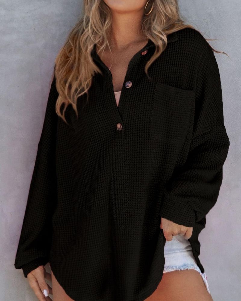 Waffle Knit Shirt - Relaxed Fit V Neck Sweater With Button Up Tunic Style