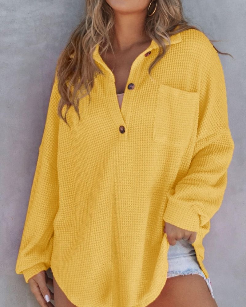 Waffle Knit Shirt - Relaxed Fit V Neck Sweater With Button Up Tunic Style