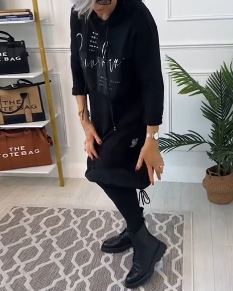 Casual Hooded Dress – Polyester Midi Dress With Pockets & Adjustable Drawstring