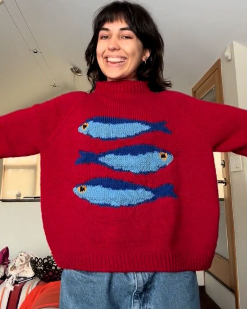 Fish Sweater - Elegant Soft Cozy Knitwear With Playful Fish Motif Design