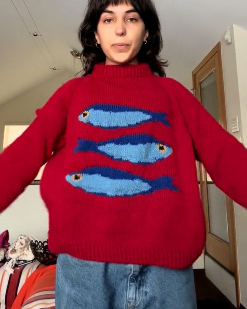 Fish Sweater - Elegant Soft Cozy Knitwear With Playful Fish Motif Design