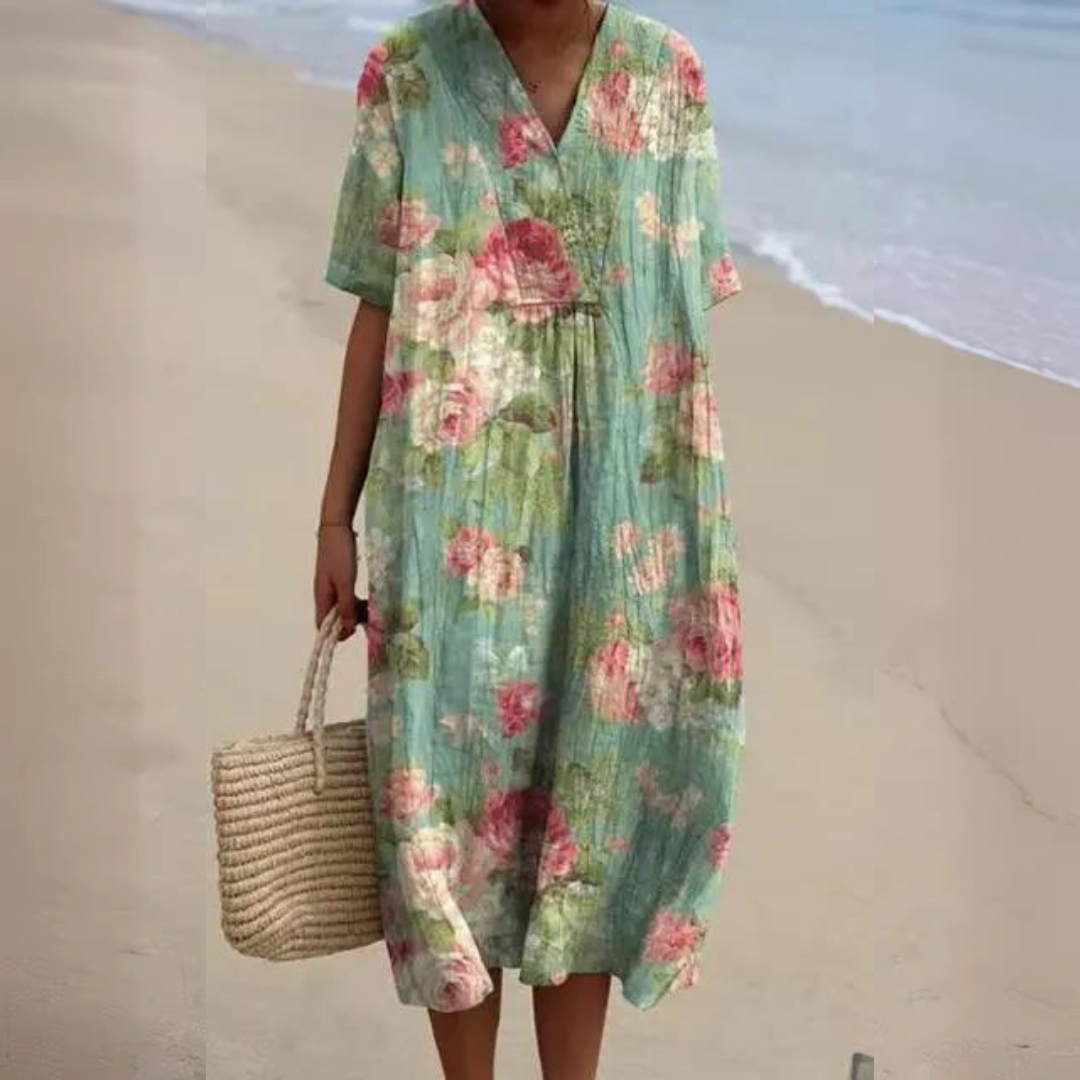 Floral Sundress - Lightweight Linen Cotton Blend Dress With Tummy Coverage