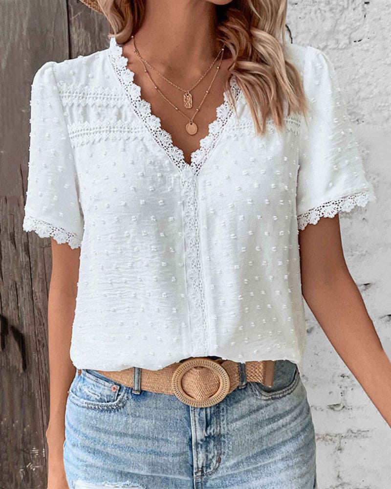 Lace Blouse - Women's V-Neck Short Sleeve Blouse with Elegant Lace Detail