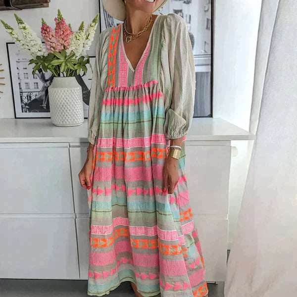 Summer Pattern Dress - V-Neck Lightweight Breathable Fabric Dress for Garden Parties