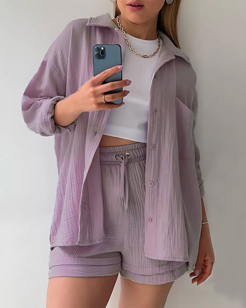 Button-Up Shorts Set – Modern Co-Ord With Lightweight Breathable Fabric & Elastic Waist