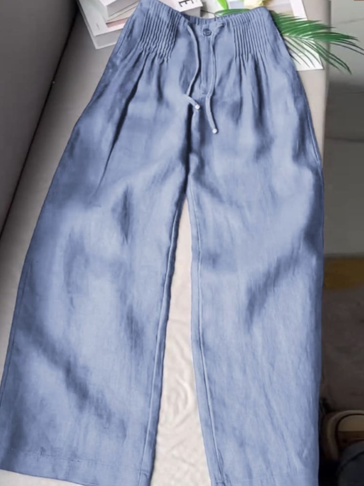 Linen Wide Leg Pants – Pleated Drawstring Waist, Comfortable Summer Casual Wear