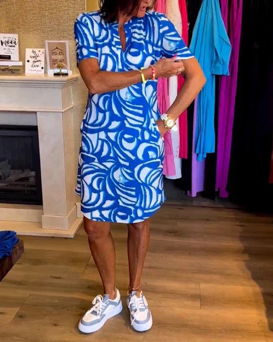 Colorful Dress - V-Neck A-Line Summer Dress With Lantern Puff Sleeves