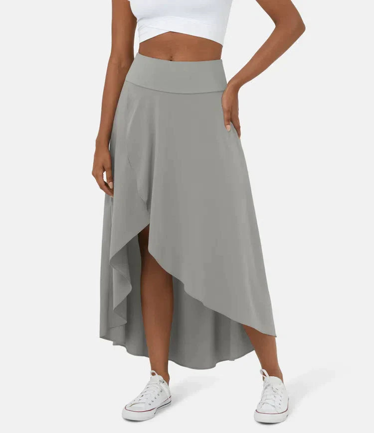 Asymmetric Midi Skirt - Elegant High Waist Flowy Skirt for Women
